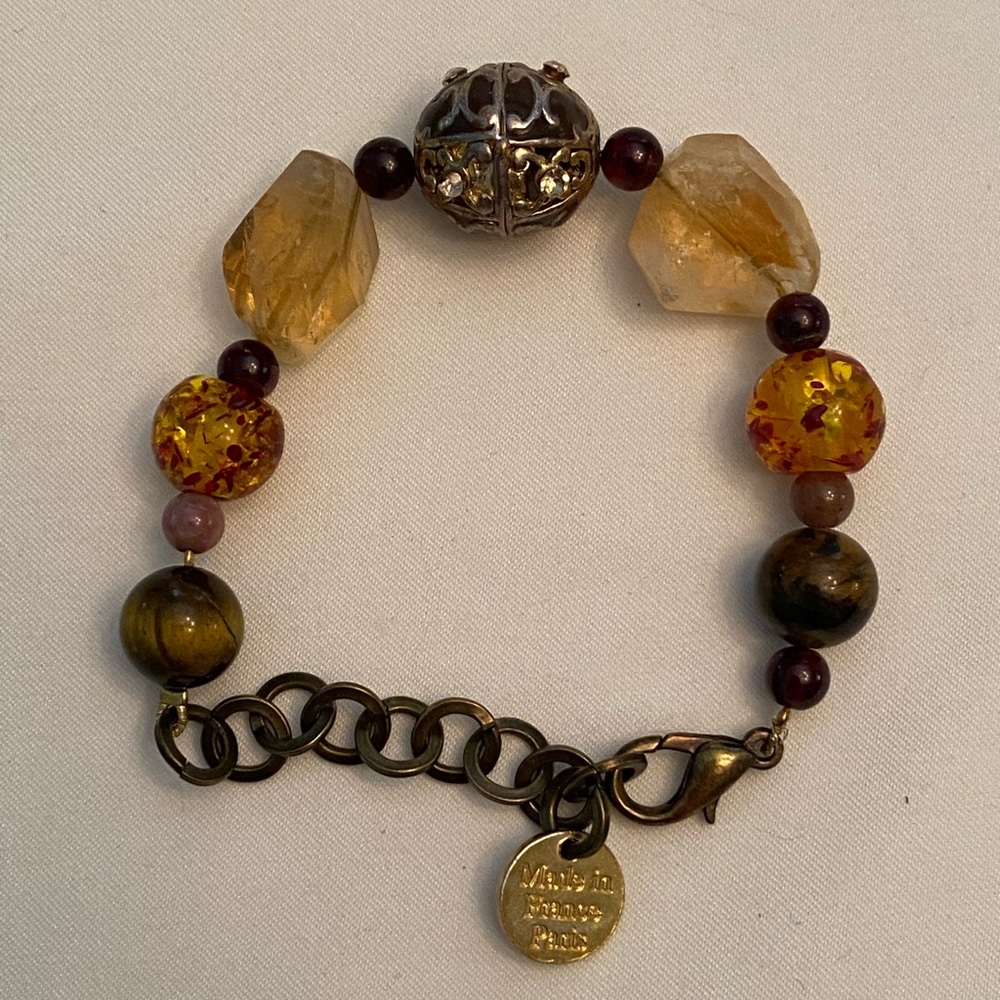 HTF Poly Tuy Mixed Stones Beads Silver Ball Women's Bracelet Adjustable 7"-8.5"